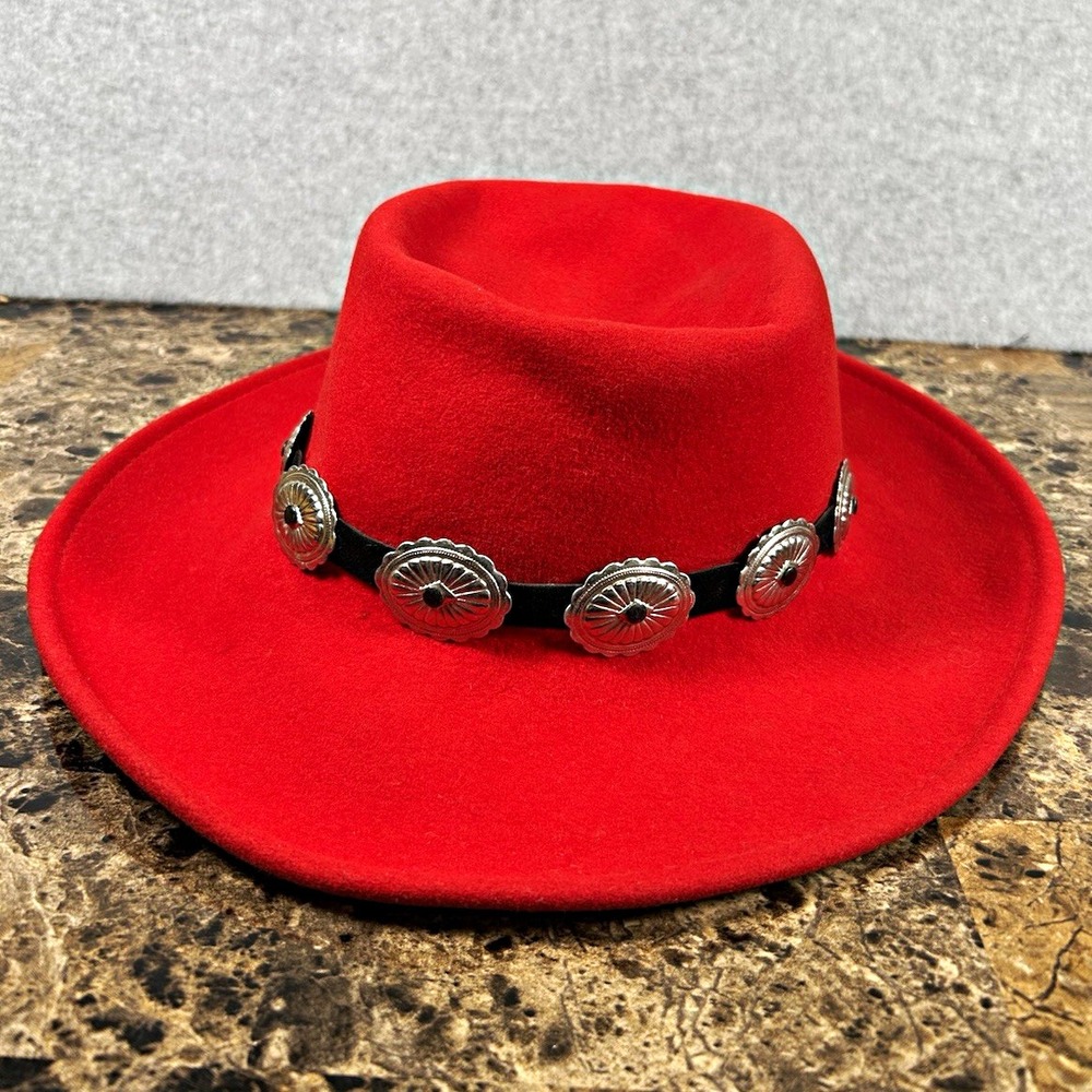 Stains*Scala 100% Wool Felt Fedora Hat Womens M Red Wide Brim Concho Band Solid